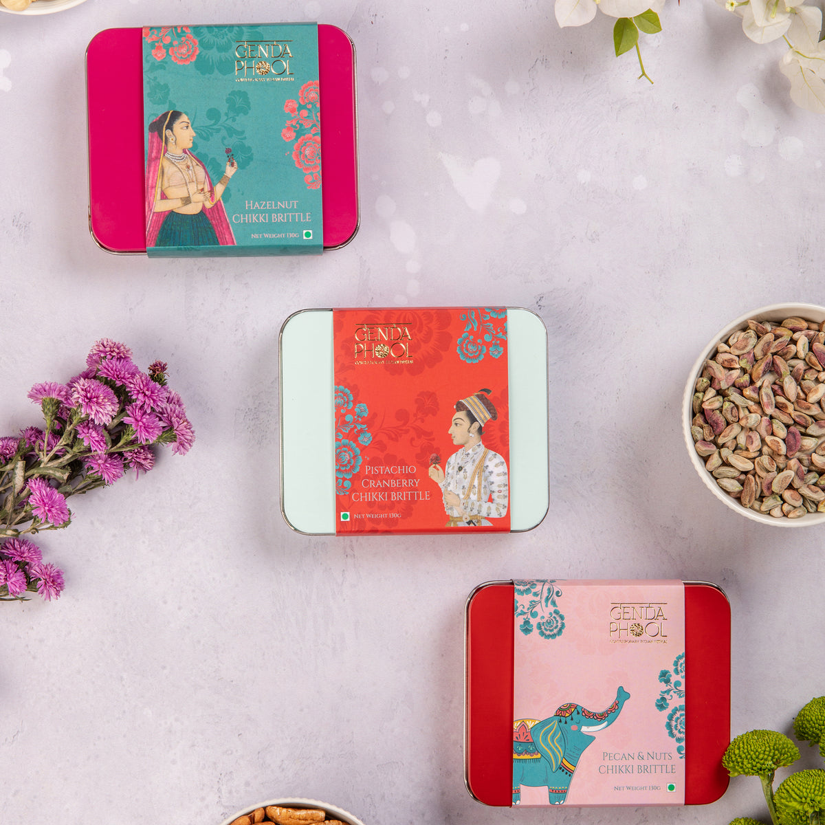 Genda Phool chikki brittle tins