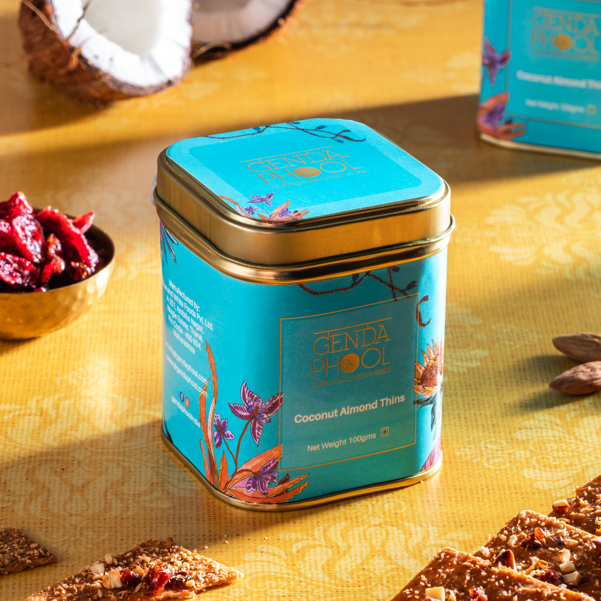 Genda Phool coconut almond thins tin