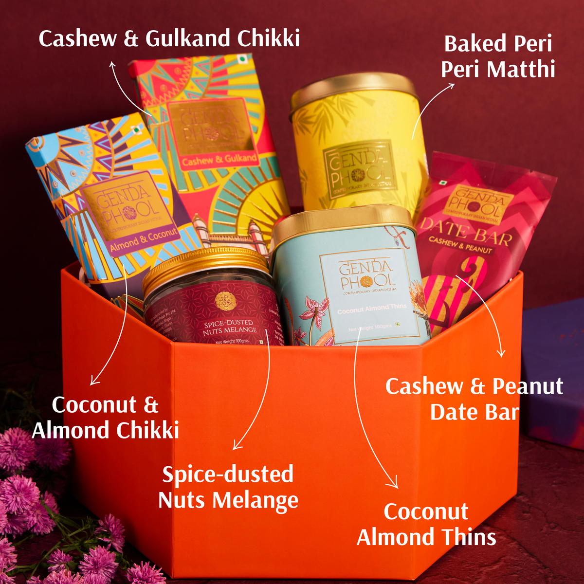 Snack anniversary hamper box with chikki, matthi and dry fruits