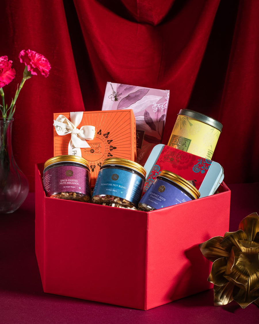 Genda Phool hexagon gift box in festive packaging